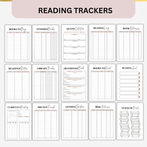 Peut inclure: Une collection de trackers de lecture imprimables avec des titres tels que "Livres &agrave; acheter", "Livres termin&eacute;s" et "Journal de lecture". Les pages sont blanches avec un design minimaliste et des accents rose clair, pour les amateurs de livres.