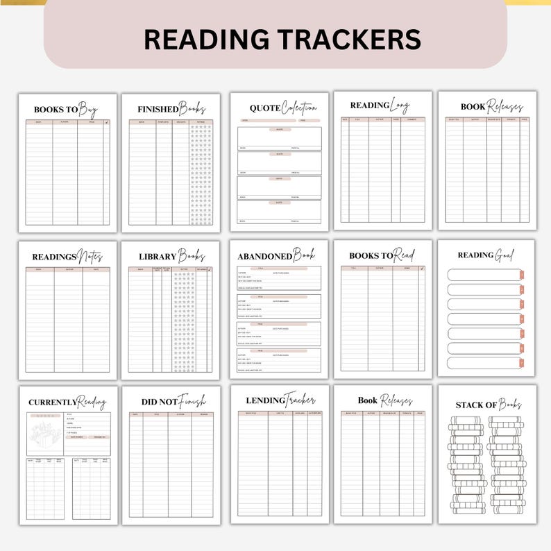Peut inclure: Une collection de trackers de lecture imprimables avec des titres tels que "Livres &agrave; acheter", "Livres termin&eacute;s" et "Journal de lecture". Les pages sont blanches avec un design minimaliste et des accents rose clair, pour les amateurs de livres.