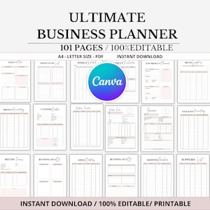 May include: A business planner with 101 pages, featuring sections for daily tasks, weekly schedules, product inventory, and more. The planner is 100% editable and printable, with the text "ULTIMATE BUSINESS PLANNER" at the top.