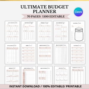 Puede incluir: Un planificador de presupuesto digital en tonos crema y blanco. Incluye secciones para gastos diarios, presupuesto mensual, presupuesto semanal y ahorros. El texto dice "ULTIMATE BUDGET PLANNER" y "70 PAGES %100 EDITABLE".