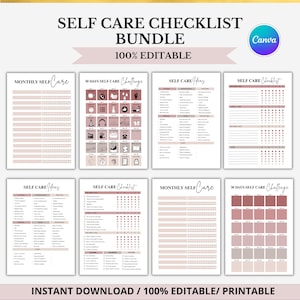 Puede incluir: Un conjunto de listas de verificación y planificadores de autocuidado imprimibles en tonos rosa y beige. El texto superior dice "SELF CARE CHECKLIST BUNDLE 100% EDITABLE". Incluye desafíos mensuales y ideas de autocuidado.
