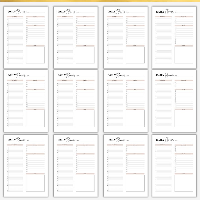 May include: Twelve daily planner pages are displayed. Each page has the text "DAILY Planner" at the top. The pages are designed with sections for scheduling and notes, and have a neutral colour palette.