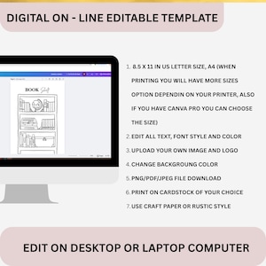Peut inclure: Un mod&egrave;le num&eacute;rique affich&eacute; sur un &eacute;cran d'ordinateur, avec une illustration d'&eacute;tag&egrave;re. Le texte comprend "DIGITAL ON - LINE EDITABLE TEMPLATE" et des instructions pour l'&eacute;dition, le t&eacute;l&eacute;chargement et l'impression. Le mod&egrave;le est con&ccedil;u pour le format US Letter 8,5 x 11 pouces et A4.