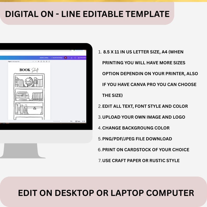 Peut inclure: Un mod&egrave;le num&eacute;rique affich&eacute; sur un &eacute;cran d'ordinateur, avec une illustration d'&eacute;tag&egrave;re. Le texte comprend "DIGITAL ON - LINE EDITABLE TEMPLATE" et des instructions pour l'&eacute;dition, le t&eacute;l&eacute;chargement et l'impression. Le mod&egrave;le est con&ccedil;u pour le format US Letter 8,5 x 11 pouces et A4.