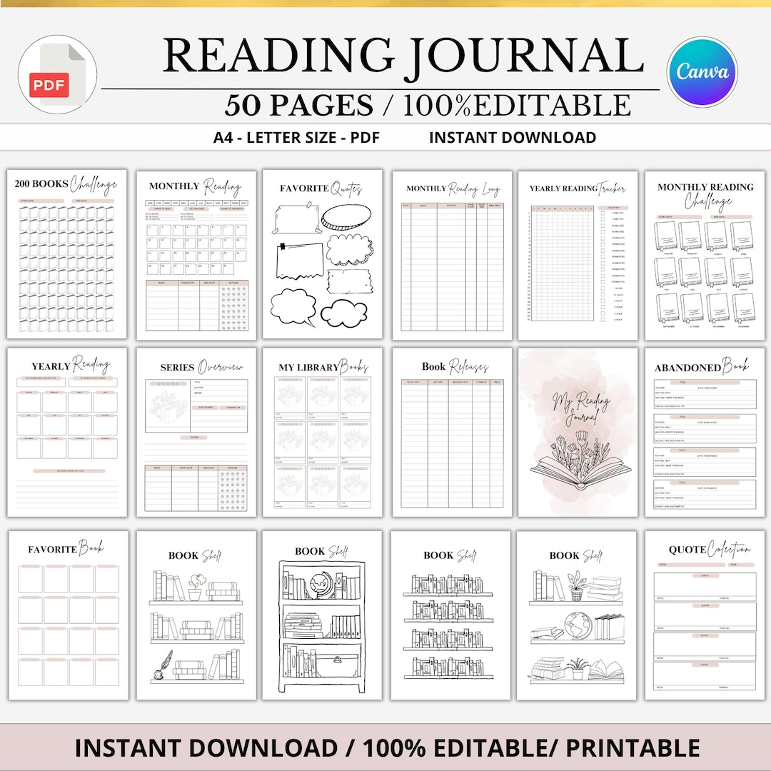 Book Reading Journal Bookshelf Tracker Reading Planner Bundle Book ...