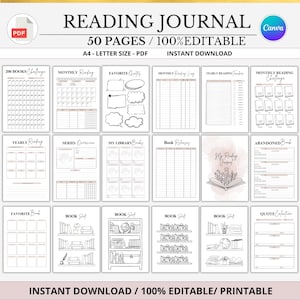 Puede incluir: Un diario de lectura imprimible con varias páginas para realizar un seguimiento de libros, citas y progreso de lectura. El diario incluye secciones para registros de lectura mensuales y anuales, estanterías y desafíos. El texto del diario dice "READING JOURNAL" y "50 PAGES / 100% EDITABLE".