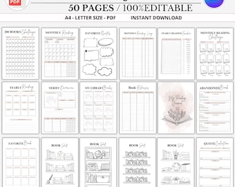 May include: A printable reading journal with pages for tracking books, quotes, and reading progress. The journal includes sections for monthly and yearly reading logs, book shelves, and challenges. The text on the journal reads "READING JOURNAL" and "50 PAGES / 100% EDITABLE".
