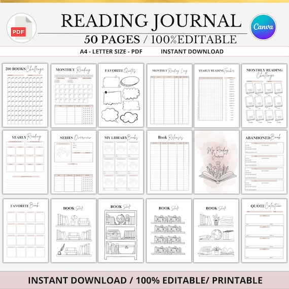 Book Reading Journal Bookshelf Tracker Reading Planner Bundle Book Tracker Reading Challenge Book editable canva template book planner