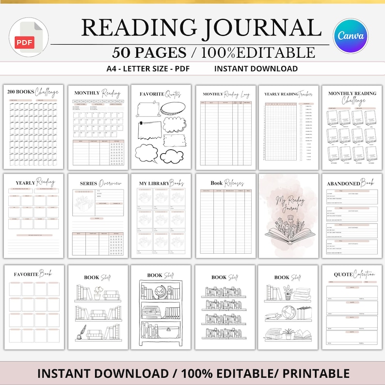 Peut inclure: Un journal de lecture imprimable avec diverses pages pour suivre les livres, les citations et les progr&egrave;s de lecture. Le journal comprend des sections pour les journaux de lecture mensuels et annuels, les &eacute;tag&egrave;res et les d&eacute;fis. Le texte sur le journal indique "READING JOURNAL" et "50 PAGES / 100% EDITABLE".