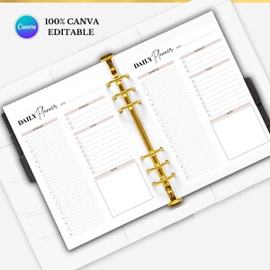 May include: A white daily planner with gold metal rings and the text "DAILY Planner." The planner includes sections for schedule, to-do list, and notes. The text "100% CANVA EDITABLE" is also visible.