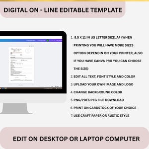 May include: A computer monitor shows a document template. The screen displays a "Signing Services Agreement." Instructions include editing text, uploading images, changing background colour, and downloading as PNG, PDF, or JPEG. The text at the top says "Digital On-Line Editable Template."