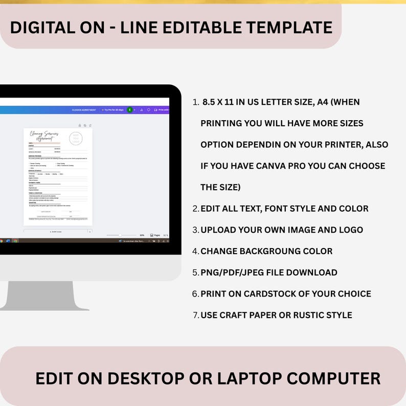 May include: A computer monitor shows a document template. The screen displays a "Signing Services Agreement." Instructions include editing text, uploading images, changing background colour, and downloading as PNG, PDF, or JPEG. The text at the top says "Digital On-Line Editable Template."