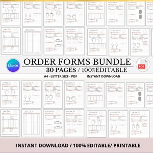 Puede incluir: Un conjunto de formularios de pedido imprimibles, dispuestos en una cuadrícula. Los formularios incluyen ilustraciones de camisetas, coches y cristalería. El texto "ORDER FORMS BUNDLE" es visible, junto con "30 PAGES / 100% EDITABLE".