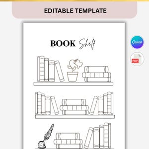 Peut inclure: Dessin au trait noir et blanc d'un mod&egrave;le d'&eacute;tag&egrave;re. Les mots "BOOK Shelf" sont en haut. L'&eacute;tag&egrave;re a trois &eacute;tag&egrave;res avec des livres, une plante en pot et une plume et un encrier.