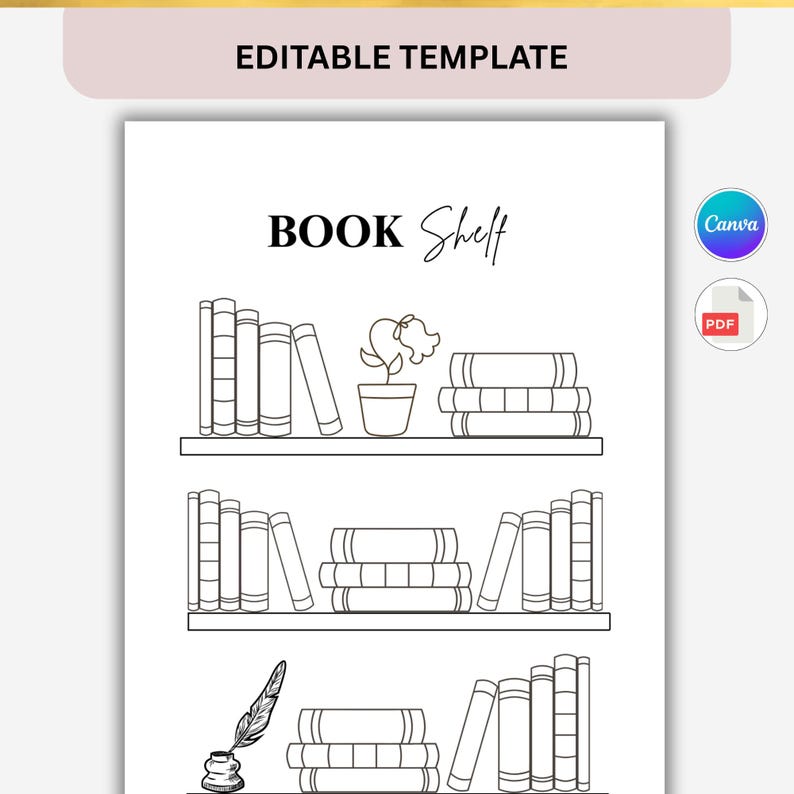 Peut inclure: Dessin au trait noir et blanc d'un mod&egrave;le d'&eacute;tag&egrave;re. Les mots "BOOK Shelf" sont en haut. L'&eacute;tag&egrave;re a trois &eacute;tag&egrave;res avec des livres, une plante en pot et une plume et un encrier.