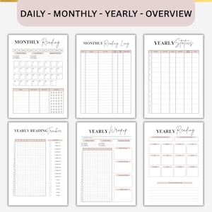 Peut inclure: Six pages de planificateur imprimables avec une palette de couleurs neutres. Les pages comprennent des mod&egrave;les pour les journaux de lecture mensuels et annuels, les trackers et les aper&ccedil;us. Le haut de l'image indique "DAILY - MONTHLY - YEARLY - OVERVIEW."