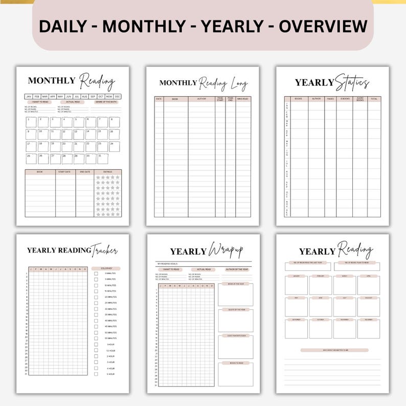 Peut inclure: Six pages de planificateur imprimables avec une palette de couleurs neutres. Les pages comprennent des mod&egrave;les pour les journaux de lecture mensuels et annuels, les trackers et les aper&ccedil;us. Le haut de l'image indique "DAILY - MONTHLY - YEARLY - OVERVIEW."