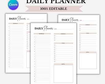 Printable Daily Planner Template, editable canva template, Simple Minimalist daily Planner, Daily Schedule, Printable To-Do List overview