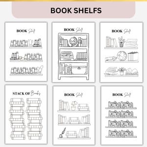 Peut inclure: Six illustrations en noir et blanc de biblioth&egrave;ques. Chaque &eacute;tag&egrave;re est remplie de livres, avec des &eacute;l&eacute;ments d&eacute;coratifs tels que des globes, des plantes et un chat. Le texte "BOOK SHELFS" est en haut de l'image.
