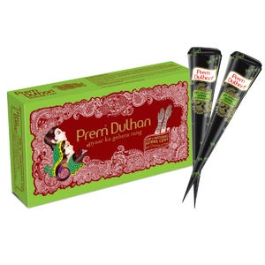 May include: A green box of Prem Dulhan henna cones with a red decorative design and two black henna cones. The box features illustrations of women and henna hand designs. The text on the box reads "Prem Dulhan" and "Pyaar ka gehera rang."