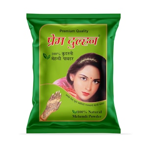 May include: A green packet of 100% natural Mehendi powder. The packet features a woman's portrait and text in Hindi and English. The text includes "Premium Quality" and "100% Natural Mehendi Powder."