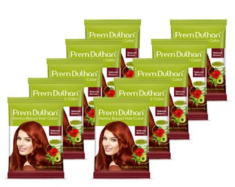 Sobres de tinte para el cabello de henna marrón natural Prem Dulhan / Tinte herbal para el cabello sin amoníaco / Tono marrón natural / 15 g x 10 sobres (150 g en total)