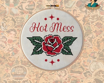 Hot Mess Kruissteekpatroon | Grappig PDF-patroon | Traditioneel tatoeageborduurwerk | Direct downloaden