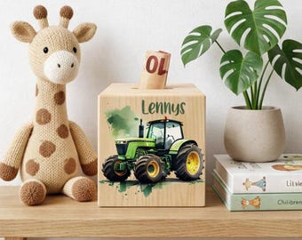 Salvadanaio Legno Personalizzato con Nome | Regalo Compleanno Bambino Trattore Fattoria
