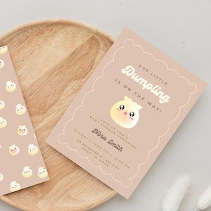 Bewerkbare kleine knoedel babyshower uitnodiging, Bao dim sum knoedel feestdecor, canvassjabloon, digitale download, afdrukbare kaart