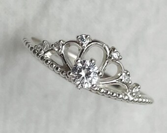 Sterling Silver Crown Ring with Moissanite – Tiara Design, Dainty Sparkling Handmade Jewelry