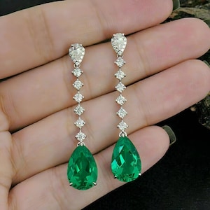 Pear Cut Diamond Green Emerald Drop/Dangle Earring, 925 Sterling Silver Earring, Gemstone  Earring, May Birthstone Jewelry, Gift for Her