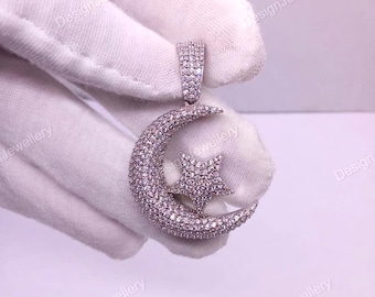 Cubic Zirconia Moon & Star Pendant, 14K White Gold Finish