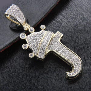 Round Cut Moissanite Diamond J Initial Letter Pendant, Unisex Initial Pendant, Crown Initial J Letter Pendant, 925 Sterling Silver