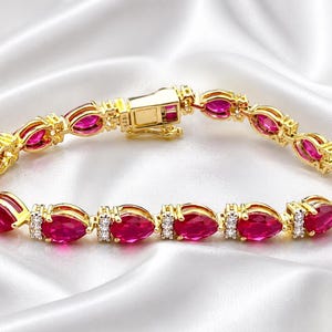 14k Yellow Gold Plated Ruby Bracelet, Simulated Diamond Tennis Bracelet