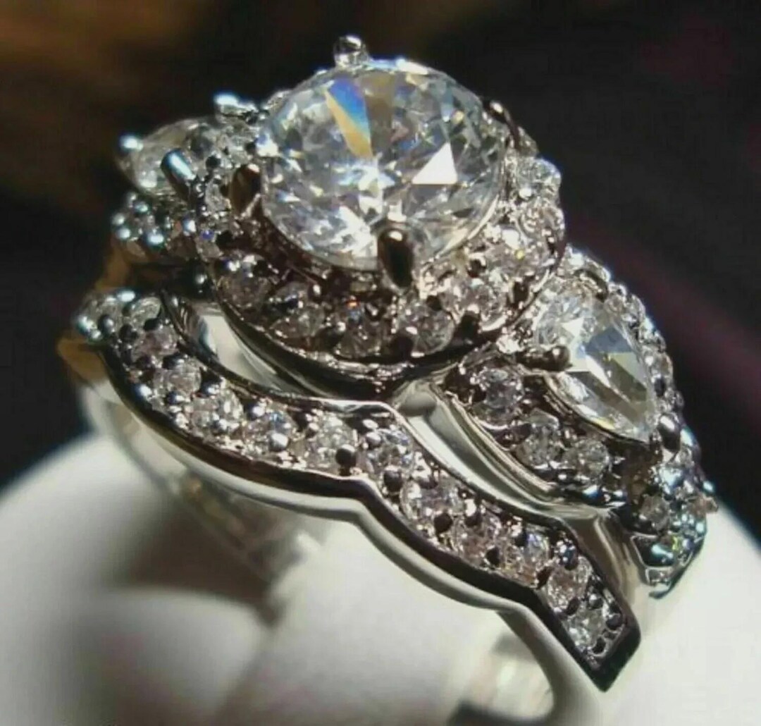 3ct Round Moissanite Wedding Ring Set | 14K White Gold Plated Bridal ...