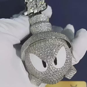 For Men&#39;s Round Diamond Clsuter Cartoon Charm Pendant, 14K White Gold Plated, 925 Silver, Birthday Gift Party wear Custom Cartoon Pendant,