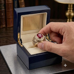 May include: A gold ring featuring a large oval-cut red gemstone surrounded by a halo of small white stones, set within a dark blue lacquered presentation box with a cream-colored interior and a gold-toned metal plaque on the inner lid.