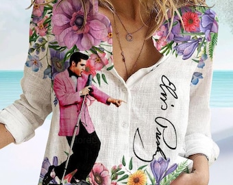 Camisa de lino para mujer de Elvis Presley, blusa para mujer de Elvis King, camisa de rock and roll, camisa hawaiana de Elvis, regalos para fans de Elvis