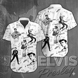 May include: Black and white short-sleeve button-down shirt featuring multiple images of Elvis Presley, musical notes, and guitars. The shirt has a white background with the text "ELVIS Presley".