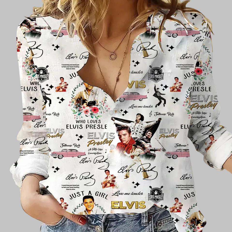 Discover Elvis King Women’s Linen Blouse Shirt, Rock and Roll Music Inspired Top, Aloha Style Gifts for Elvis Fans