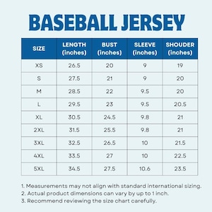 Puede incluir: Tabla de tallas para una camiseta de b&eacute;isbol, con medidas en pulgadas. Las tallas van de XS a 5XL, detallando las medidas de largo, pecho, manga y hombro. El t&iacute;tulo es "BASEBALL JERSEY".