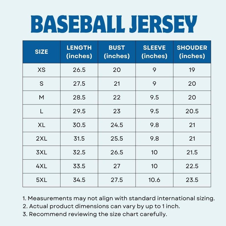 Puede incluir: Tabla de tallas para una camiseta de b&eacute;isbol, con medidas en pulgadas. Las tallas van de XS a 5XL, detallando las medidas de largo, pecho, manga y hombro. El t&iacute;tulo es "BASEBALL JERSEY".