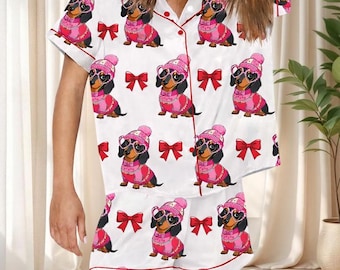 Pijama para perro salchicha, bonito pijama de satén para perro salchicha, pijama de cachorro salchicha para ella, pijama a juego para amantes de las mascotas, regalos de San Valentín