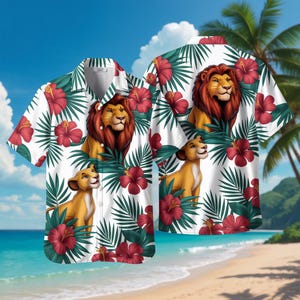 Camisa hawaiana de El Rey León, Simba, Nala, Pumbaa, Reino Animal Safari Hawaii, Camisa de viaje a Disney, Camisa tropical familiar con botones