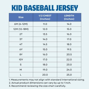 Puede incluir: Una tabla de tallas para una camiseta de b&eacute;isbol para ni&ntilde;os, con medidas en pulgadas. La tabla incluye tallas de 6M a L, detallando las medidas de pecho y largo. El texto "KID BASEBALL JERSEY" est&aacute; en la parte superior.