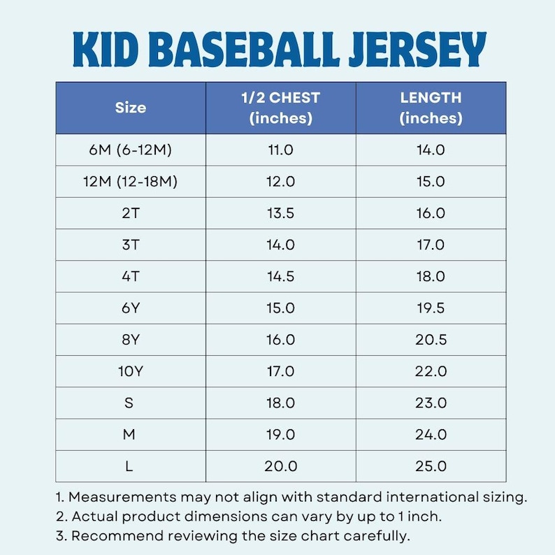 Puede incluir: Una tabla de tallas para una camiseta de b&eacute;isbol para ni&ntilde;os, con medidas en pulgadas. La tabla incluye tallas de 6M a L, detallando las medidas de pecho y largo. El texto "KID BASEBALL JERSEY" est&aacute; en la parte superior.