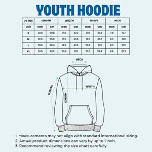 May include: A diagram of a youth hoodie with a size chart. The chart shows measurements in inches and centimetres for length, width, sleeve, and neck for sizes S, M, L, and XL. The hoodie illustration shows the location of the measurements.