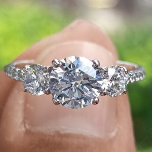 Round Cut Moissanite 3 Stone Engagement Ring For Women, Classic Moissanite Three Stone Ring, White Gold Promise Ring For Her, Trilogy Ring