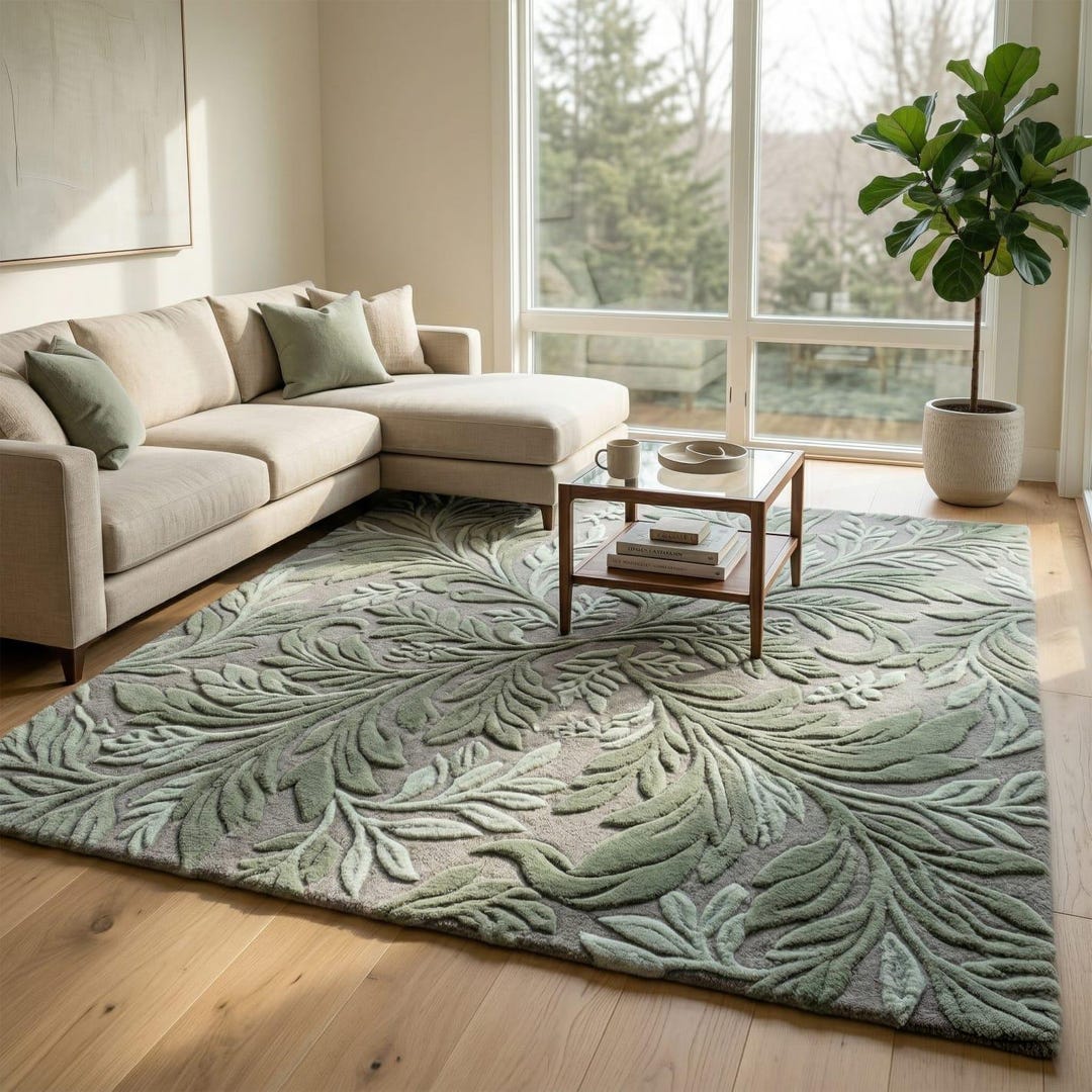 Sage Green Gray Hand Tufted Wool Rug, Botanical Leaf Area Rug for ...