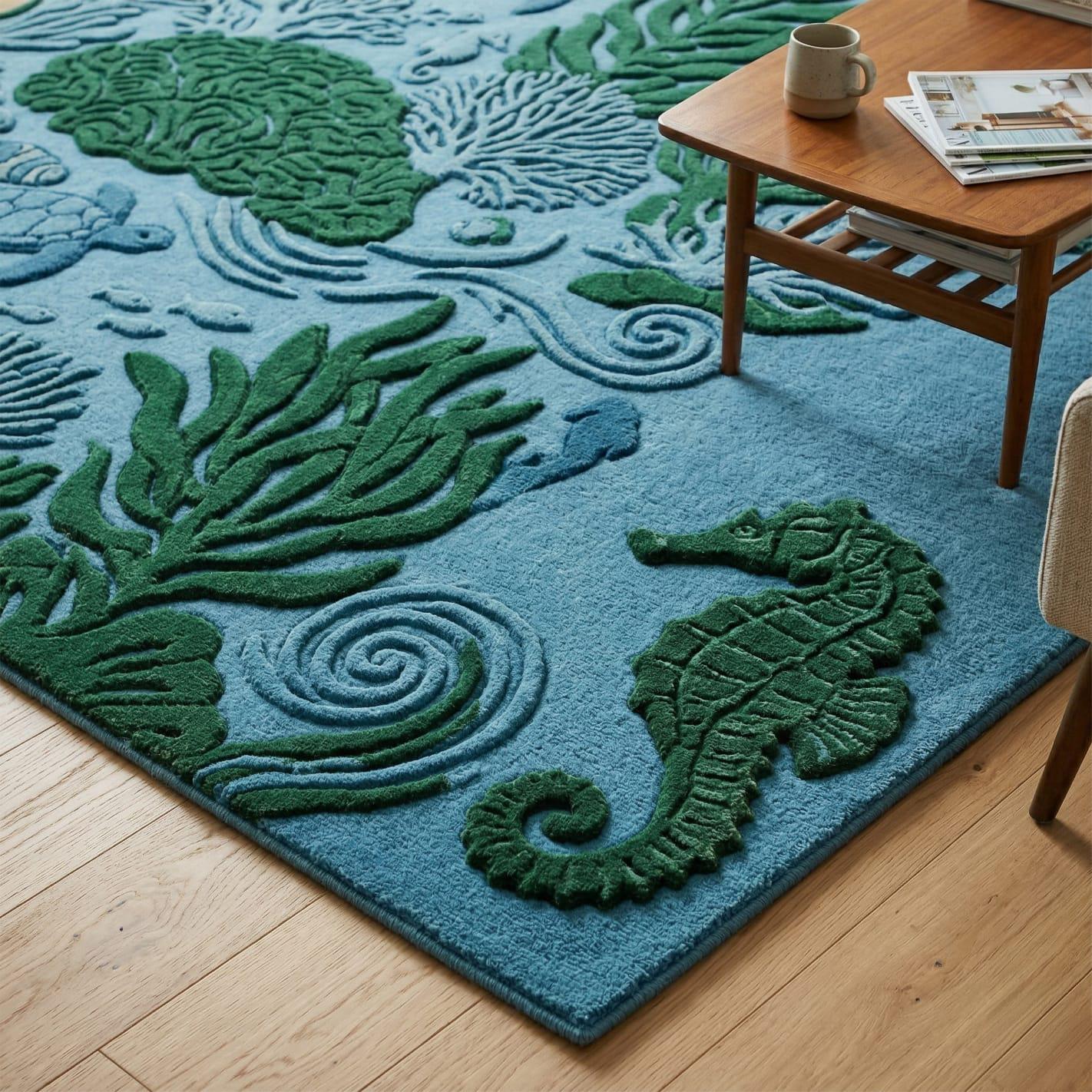 Hand Tufted Sea Life Rug, Blue Green Coral Reef Fish Turtle Wool Rug - Etsy
